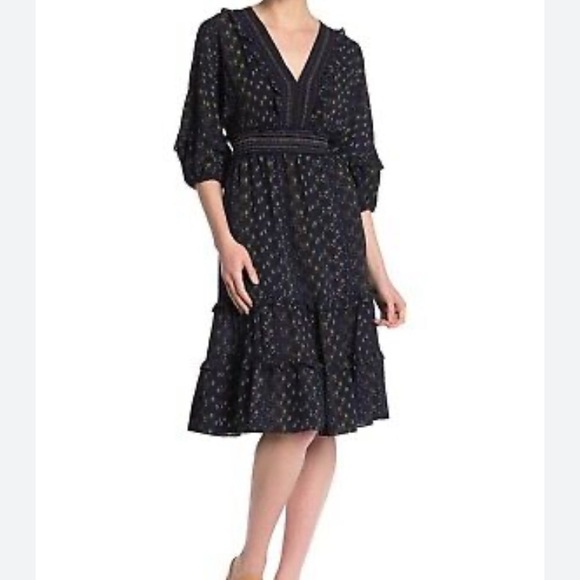 MAX STUDIO DARK BLUE,PUFF SLEEVE SMOCKED
EMPIRE WAIST DRESS. Size M - Picture 2 of 15